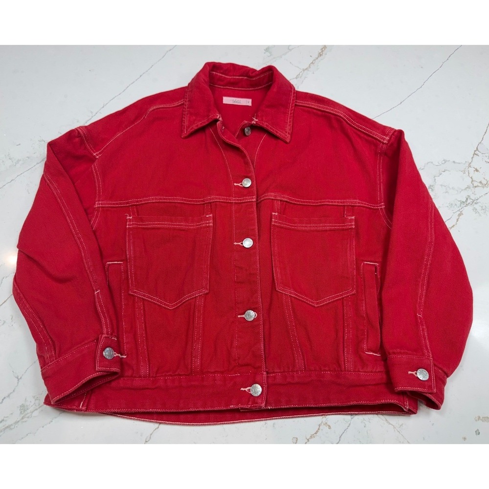 Womens Red Denim Jacket Contrast Stitching Button Front Size S